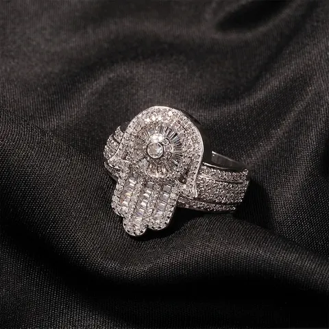 Hip Hop Men's Hamsa Hand Ring Copper Zirconia Iced Out Geometric Gold Silver Plated Finger Ring Fashion Jewelry