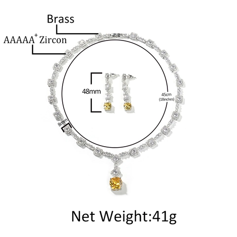 Luxuriöses Hip Hop Messing Zirkonia Schmuckset Für Damen Quadratischer Gelber Kristall Anhänger Halskette Lange Ohrringe Party Zubehör