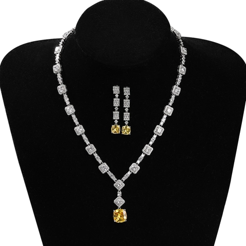 Luxuriöses Hip Hop Messing Zirkonia Schmuckset Für Damen Quadratischer Gelber Kristall Anhänger Halskette Lange Ohrringe Party Zubehör