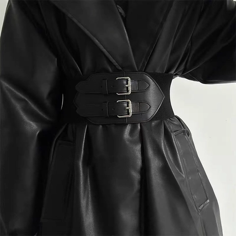 Women Wide Elastic Corset Belt With Double Buckle PU Leather Waist Seal For Dresses Coats Fashion Accessories