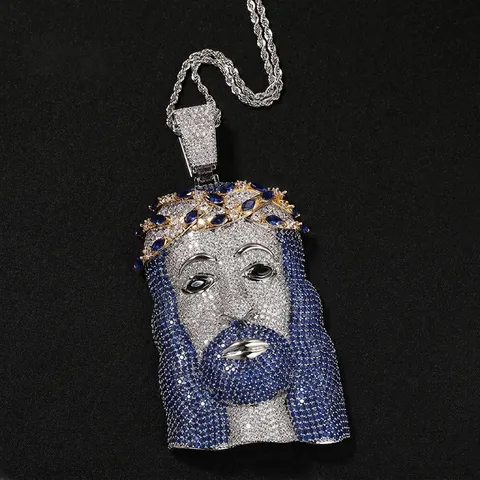 Collana con Pendente Testa di Gesù Uomo Hip Hop Zirconia Blu Bianca Rame Intarsiato Catena Corda Argento Gioielli