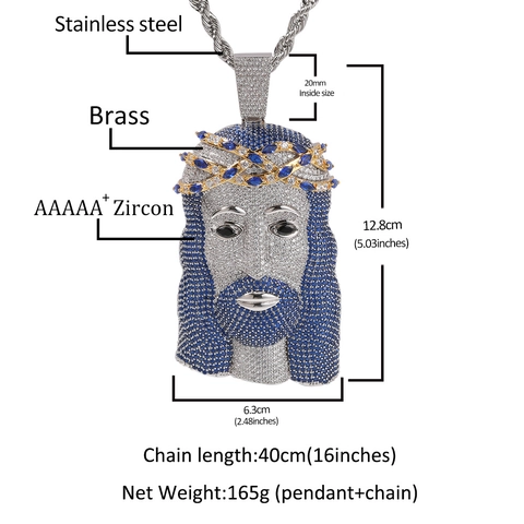 Collana con Pendente Testa di Gesù Uomo Hip Hop Zirconia Blu Bianca Rame Intarsiato Catena Corda Argento Gioielli