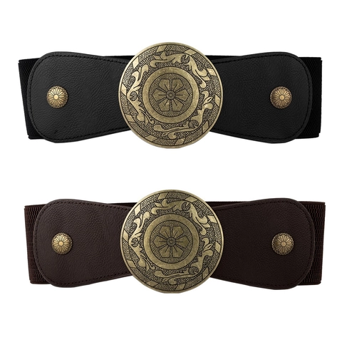 Women Retro Wide Elastic Corset Belt With Large Round Carved Metal Buckle Vintage Artificial Leather Waistband For Dresses