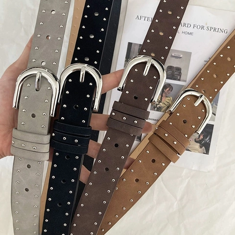 Ceinture Tendance pour Femmes en PU Effet Daim Décoration de Rivets à Double Rangée Boucle Ardillon en Alliage Accessoire Rétro pour Jeans Robes