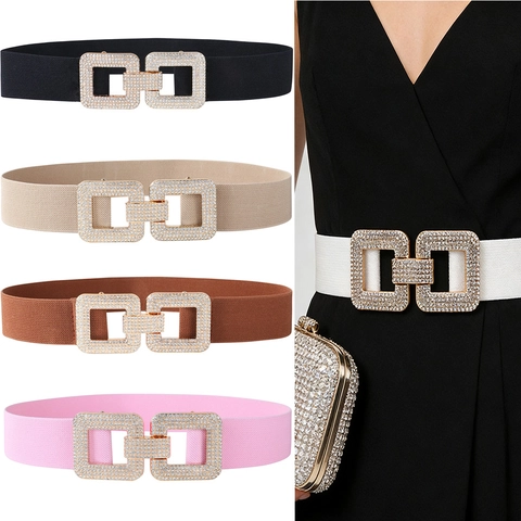 Women Elegant Wide Elastic Waist Belt Rhinestone Interlocking Buckle Corset Belt PU Leather Waistband Decorative Dress Belt