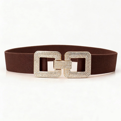 Women Elegant Wide Elastic Waist Belt Rhinestone Interlocking Buckle Corset Belt PU Leather Waistband Decorative Dress Belt