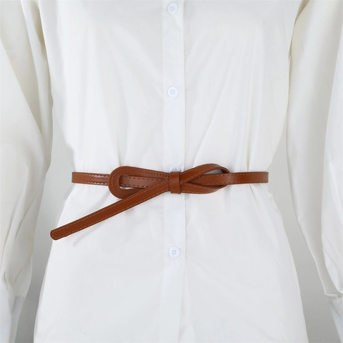 Women Skinny PU Leather Belt Solid Color Knot Tie Decorative Waist Belt For Dress Suit Coat Casual Versatile Fashion Waistband