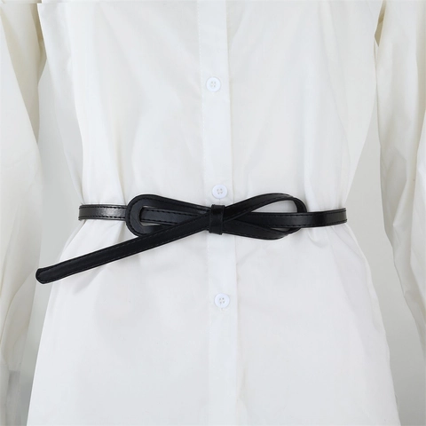 Ceinture Femme Mode Nouée en Cuir Polyuréthane Mince Sangle de Taille Décorative Noeud pour Robes Pulls Bureau