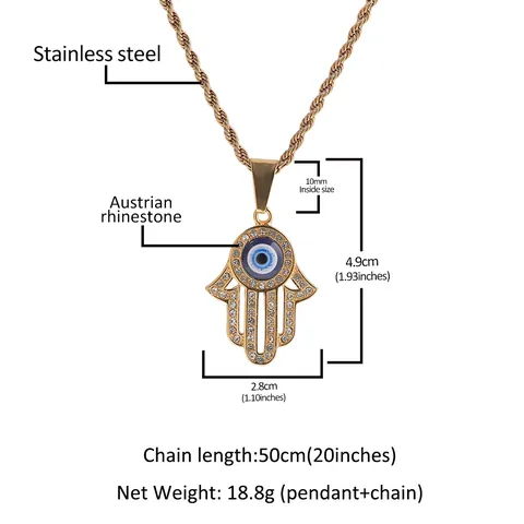 Hamsa Hand Anhänger Halskette Mit Blauem Bösen Blick Kupfer Zirkonia Eingelegt Vergoldet Seilkette Mode Schmuck Für Herren Damen