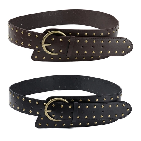 Cinturón Ancho para Mujer Estilo Western Vintage con Remaches de Cuero Sintético Decorativo Hebilla de Metal Retro