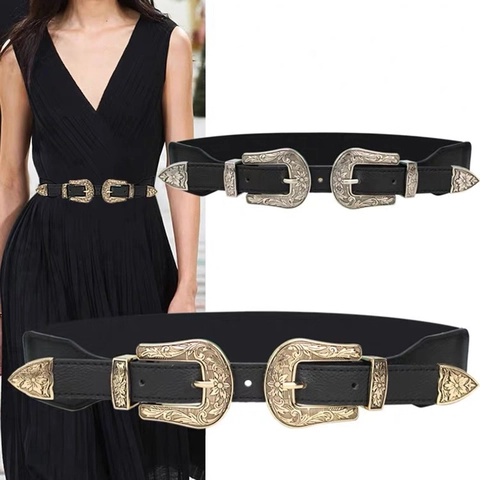 Cintura a Corsetto Elastica Vintage Western con Doppia Fibbia Intagliata Donna Nero Ecopelle Modellante per Vestiti