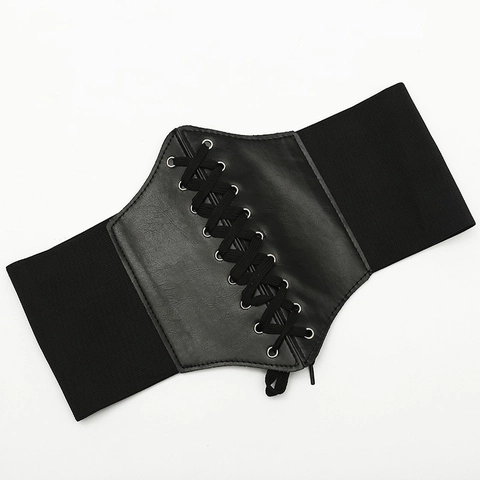 Vintage Women Wide Corset Belt Elastic Slimming Waist Band Lace Up PU Leather Retro Palace Style Decorative Belt For Dress