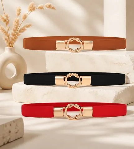 Women Elastic Waist Belt Interlocking Gold Double Ring Buckle Faux Leather Skinny Fashion Corset Belt For Dresses Coats