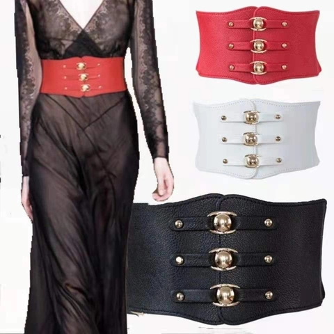 Damen Breites Elastisches Korsett Gürtel Retro Taille Cincher Mit Metallschnallen PU Leder Bund Für Kleider Party Alltag