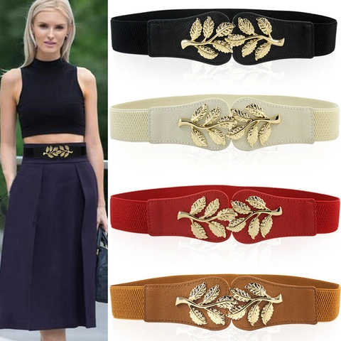 Women Elastic Waist Belt Elegant Gold Leaf Buckle Cinch Waistband For Dresses Simple Skinny Stretch Corset Belt Fashion Accessory