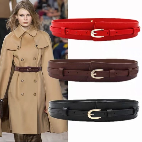 Women Minimalist Double Layer Wide Corset Belt Faux Leather Waist Belt With Gold Alloy Buckle For Suits Coats Dresses