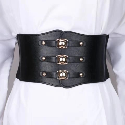 Damen Breites Elastisches Korsett Gürtel Retro Taille Cincher Mit Metallschnallen PU Leder Bund Für Kleider Party Alltag