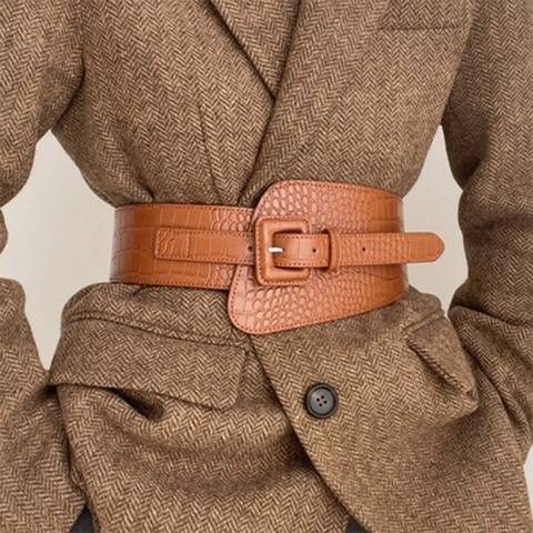 Women's Retro Alligator Texture Wide Corset Belt Elegant PU Leather Elastic Waistband With Large Square Buckle For Dresses Coat