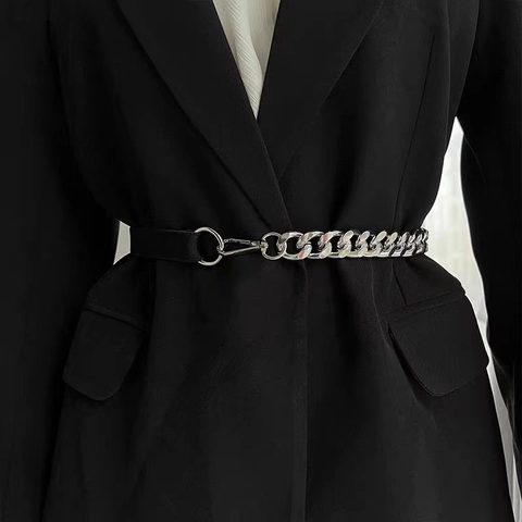 Women Fashion Metal Chain Waist Belt Punk Street Style Elastic Stretch Dress Waistband Gold Silver Decorative Belt