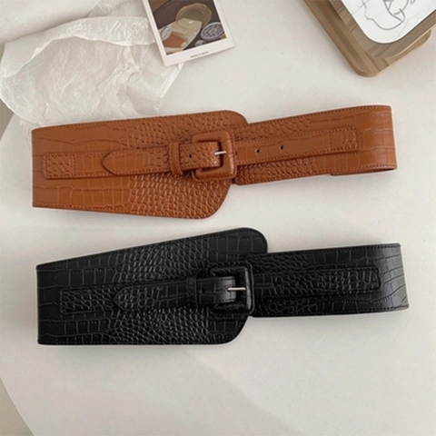 Women's Retro Alligator Texture Wide Corset Belt Elegant PU Leather Elastic Waistband With Large Square Buckle For Dresses Coat