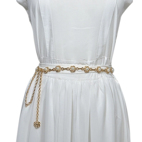 Elegant Gold Alloy Waist Chain Belt With White Imitation Artificial Pearl Camellia Flower Adjustable Dress Suit Accessories Vintage Jewelry