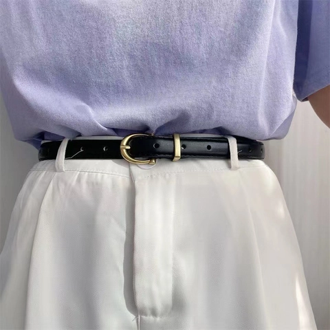 Women Minimalist Faux Leather Thin Belt Vintage Horseshoe Alloy Buckle Adjustable Versatile Fashion Waist Strap For Jeans Dress