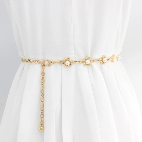 Elegant Gold Alloy Waist Chain Belt With White Imitation Artificial Pearl Camellia Flower Adjustable Dress Suit Accessories Vintage Jewelry