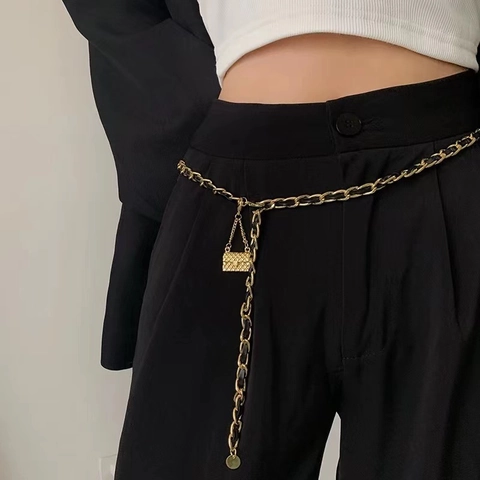 Cintura a Catena da Donna in Metallo Intrecciato Vintage Oro Nero Decorativo Mini Borsa Trapuntata Ciondolo Gioiello per Abiti