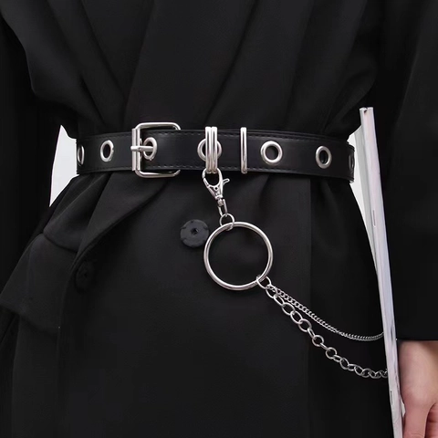 Cinturón Punk de Cuero de Imitación Negro para Mujer Con Cadena de Metal Plateado Cinturón Ajustable Industrial para Vestidos Trajes