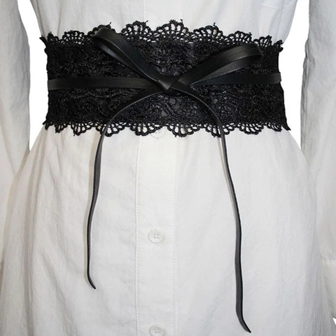Women's Lace Corset Belt Elastic PU Leather Waist Cinch Belt Floral Bow Lace-up Retro Decorative Belt For Dresses Party