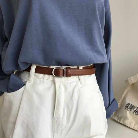Women's Casual Faux Leather Thin Belt Vintage Holeless Waist Strap With Alloy D-Ring Pin Buckle For Jeans Dresses Accessory