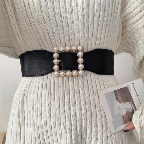Women Elegant Faux Artificial Pearl Elastic Wide Belt Fashion Square Buckle Corset Waistband For Dress Coat Accessory Artificial Pearl Waist Belt