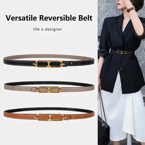 Cintura da Donna Sottile in Pelle Artificiale Bifacciale Reversibile Fascia Vita Con Fibbia Liscia in Lega Oro per Vestito Completo