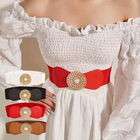Cintura Elastica Alta da Donna Vintage Fibbia Tonda Dorata con Perla Artificial Cintura a Corsetto in Ecopelle per Abiti Cappotti Accessori Moda