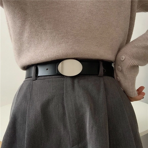 Cintura da Donna in Vera Pelle Con Fibbia Ovale in Lega d'Argento retrò Cintura in Pelle di Vacca Minimalista per Jeans Abiti