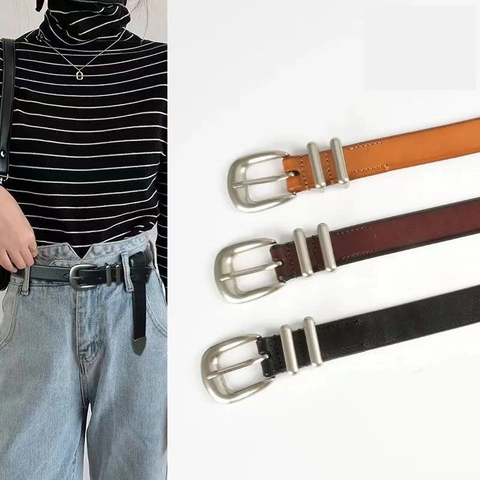 Vintage Women Split Cowhide Leather Belt Retro Metal Pin Buckle Double Loop Minimalist Waist Strap For Jeans Accessories
