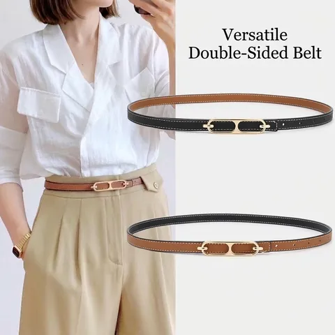Cintura da Donna Sottile in Pelle Artificiale Bifacciale Reversibile Fascia Vita Con Fibbia Liscia in Lega Oro per Vestito Completo
