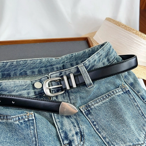 Vintage Women Split Cowhide Leather Belt Retro Metal Pin Buckle Double Loop Minimalist Waist Strap For Jeans Accessories
