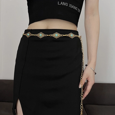 Bohemian Carved Alloy Waist Chain Belt Faux Turquoise Hollow Floral Design Adjustable Vintage Metal Dress Belt For Women