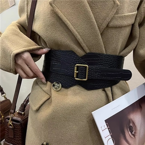 Cinturón de Corsé Ancho de Cuero de PU con Patrón de Cocodrilo Vintage para Mujer Cintura Elástica de Moda Con Hebilla de Pasador Dorada
