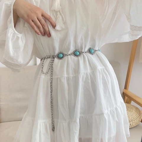 Bohemian Carved Alloy Waist Chain Belt Faux Turquoise Hollow Floral Design Adjustable Vintage Metal Dress Belt For Women