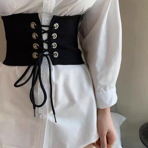 Women Retro Elastic Corset Belt Synthetic Leather Lace Up Waist Cincher Solid Color Black Fashion Waistband For Dress