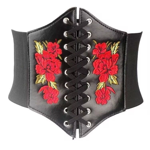 Women Vintage Embroidered Rose Lace-up Wide Corset Belt Faux Leather Elastic Waistband For Dresses Bohemian Style Cinch Belt