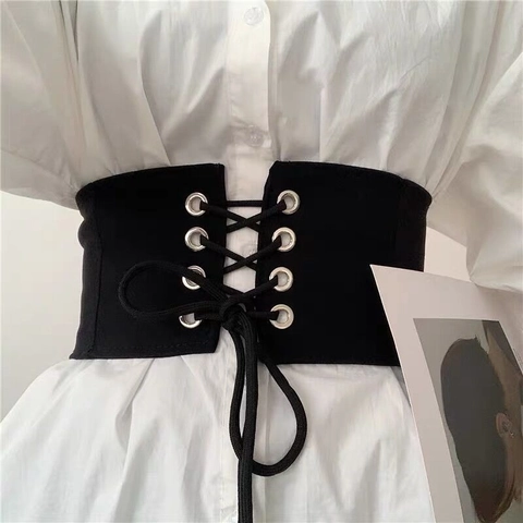 Women Retro Elastic Corset Belt Synthetic Leather Lace Up Waist Cincher Solid Color Black Fashion Waistband For Dress