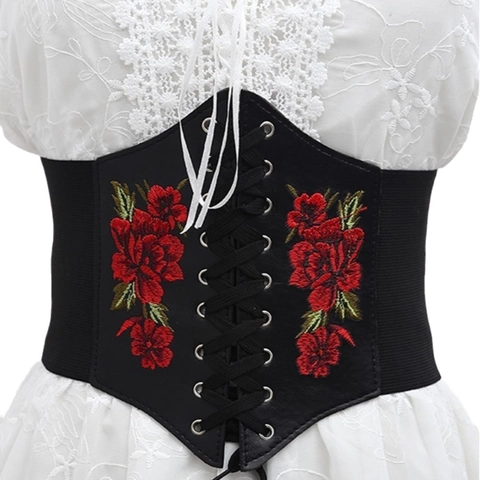 Women Vintage Embroidered Rose Lace-up Wide Corset Belt Faux Leather Elastic Waistband For Dresses Bohemian Style Cinch Belt