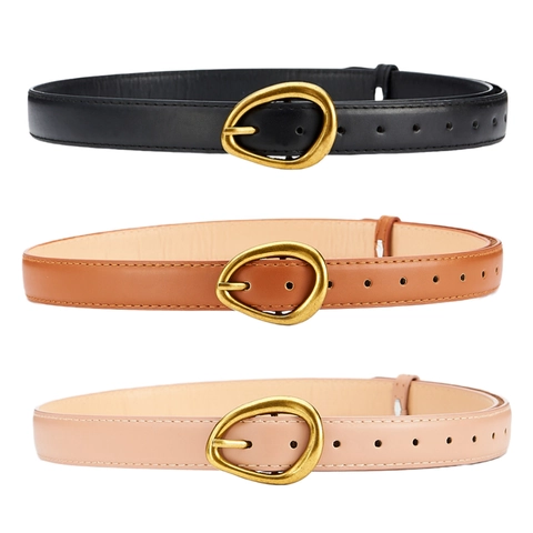 Women's Retro Minimalist PU Leather Belt With Gold Irregular Oval Alloy Pin Buckle Versatile Fashion Dress Waist Strap For Jeans