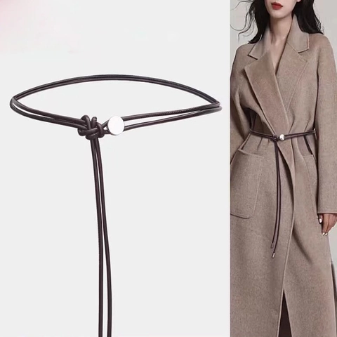 Minimalist Women Skinny PU Leather Rope Belt With Alloy Round Buckle Knotted Decorative Waistband For Dresses Coats Adjustable
