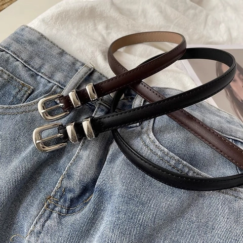 Dames Echt Leer Smalle Riem Vintage Legering Gesp met Doorn Tailleband Voor Jeans Jurk Woon-werkverkeer Accessoire Effen Kleur