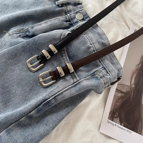 Dames Echt Leer Smalle Riem Vintage Legering Gesp met Doorn Tailleband Voor Jeans Jurk Woon-werkverkeer Accessoire Effen Kleur