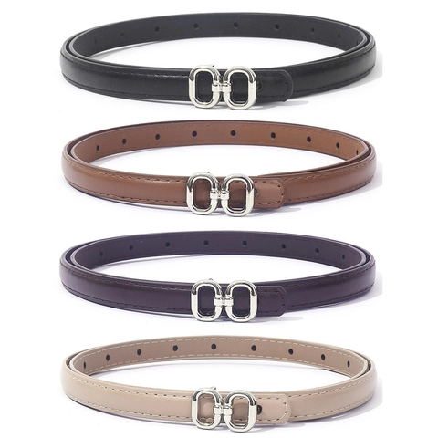 Damen Vintage Dünner PU Ledergürtel Mit Legierung Doppelschlaufenschnalle Minimalistischer Vielseitiger Hüftgürtel Für Kleid Mantel Hemd